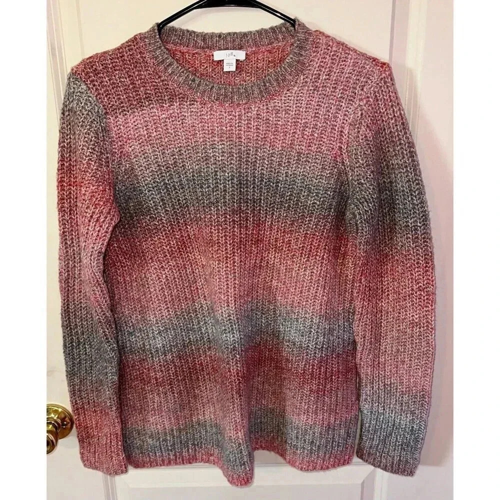 j. jill Wool Cotton Watercolor Ombre Crewneck Sweater Ribbed Pink Blue Sz S